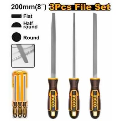 INGCO 3PCS STEEL FILE SET-FLAT, HALF ROUND, & ROUND 8" 200MM HKTFS1308