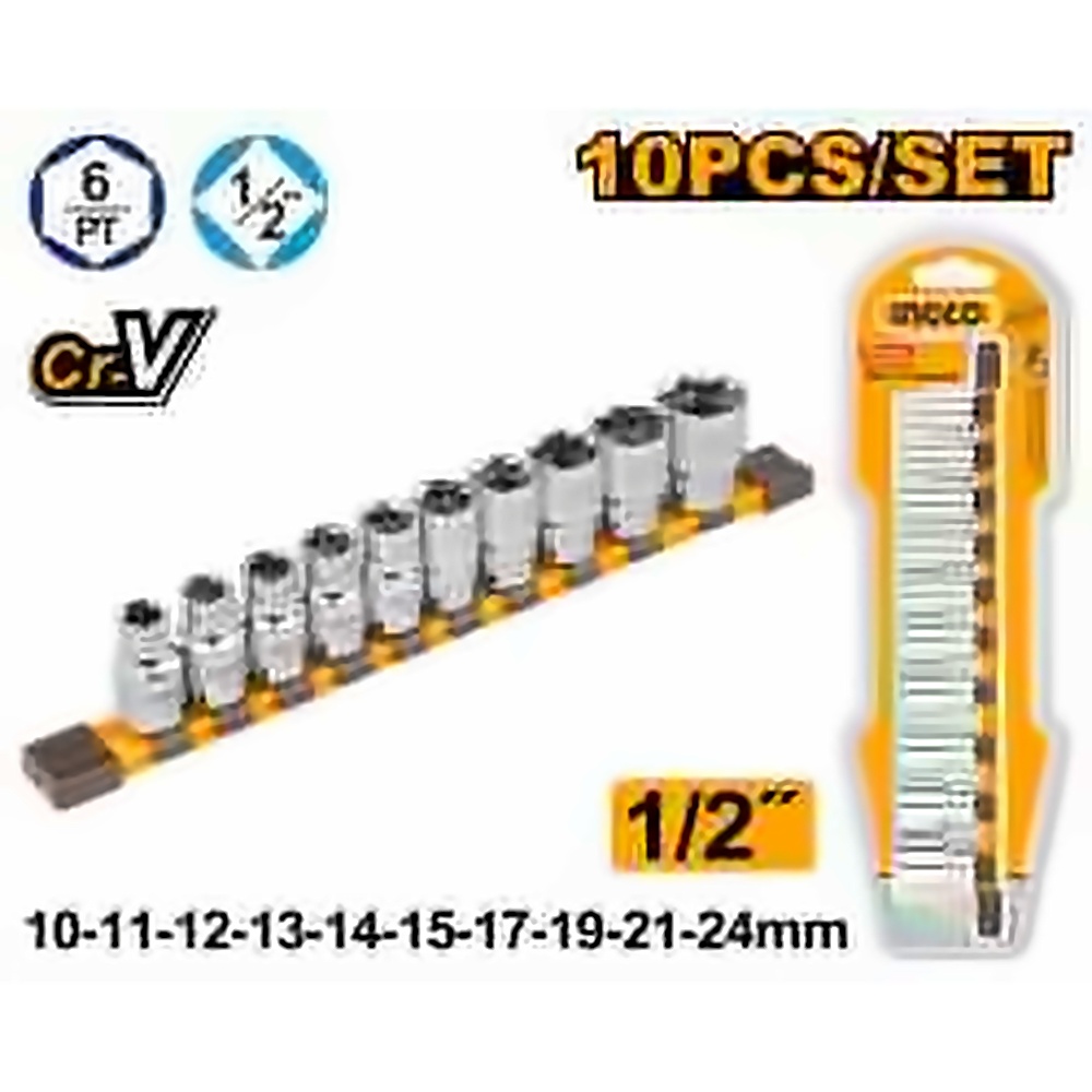 INGCO 10PCS 1/2" DR SOCKET SET IN STORAGE RAIL 10-24MM HKTS12103