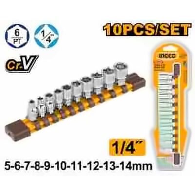 INGCO 10PCS 1/4" DR SOCKET SET IN STORAGE RAIL 5-14MM HKTS14103