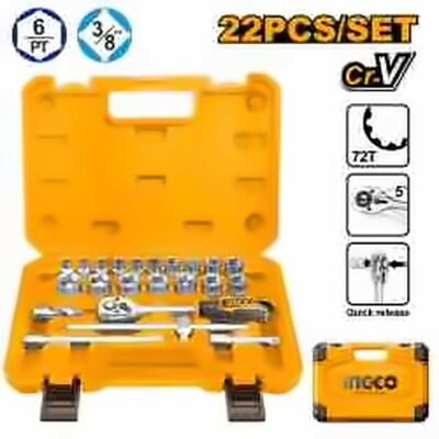INGCO 22PCS 3/8" DR. SOCKET SET 8-22MM W/72T RATCHET HANDLE HKTS38221