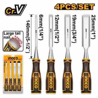 INGCO 4 PCS BEVEL EDGE WOOD CHISEL SET 6,12,19,25MM HKTWC0401