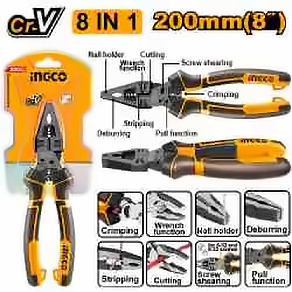 INGCO 8-IN-1 MULTI FUNCTION COMBI PLIER 8" 200MM HMFCP28200