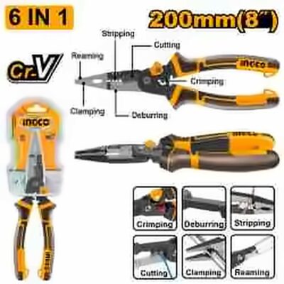 INGCO 6-IN-1 MULTI FUNCTION LONG NOSE PLIER 8" 200MM HMFLNP28200