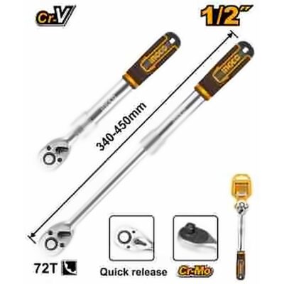 INGCO 1/2" DR. EXTENDABLE RATCHET WRENCH 72TEETH LGTH 340~450MM HRTH08128L