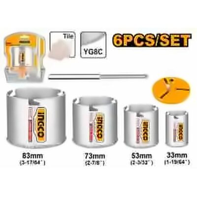 INGCO 6PCS CARBIDE GRIT HOLE SAW SET 33, 53, 73 & 83MM HSB4061