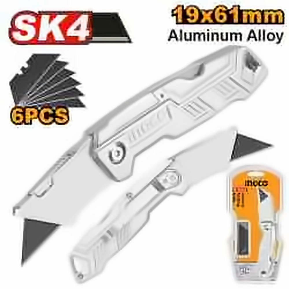 INGCO ALUM ALLOY FOLDING KNIFE + 5 PCS SK5 BLADE HUK6236
