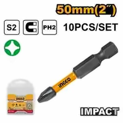 INGCO 10PCS SINGLE END IMPACT SCREWDRIVER BIT, (+)2X50MM SDBIM11PH223