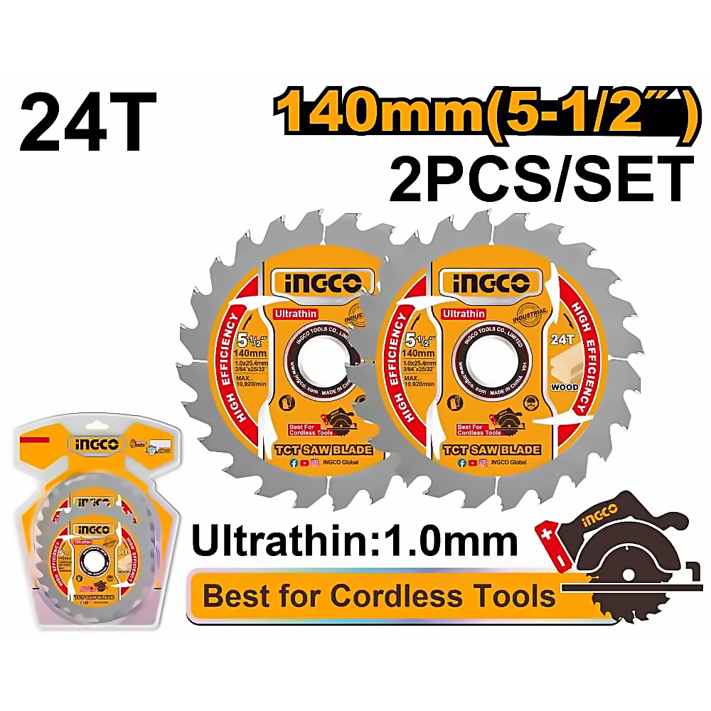 INGCO 2PCS TCT SAW BLADE WOOD CUTTING 140MM 5-1/2"X24T TSB1403